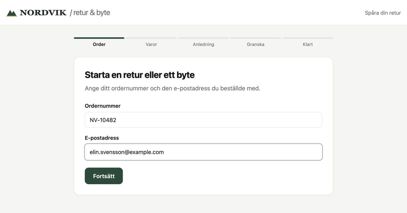 Swedish return portal showing the order number and email lookup form.